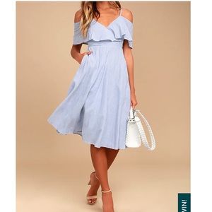 Lulus Yacht club blue and white stripped off-the-shoulder dress